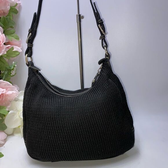 The Sak Black Crochet Shoulder Bag Leather Trim Medium - Picture 2 of 8
